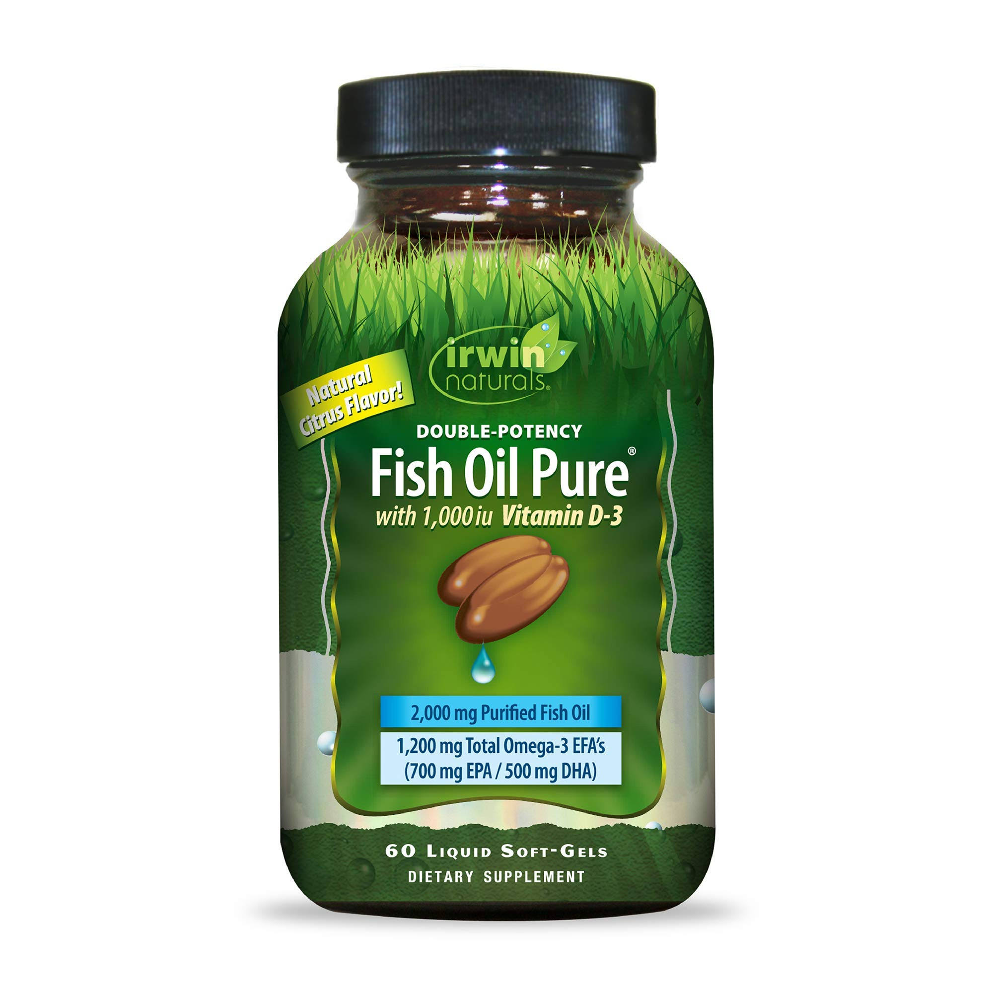 Irwin Naturals Double-Potency Fish Oil Pure Supplement - with 1,000 IU Vitamin D3, 60ct