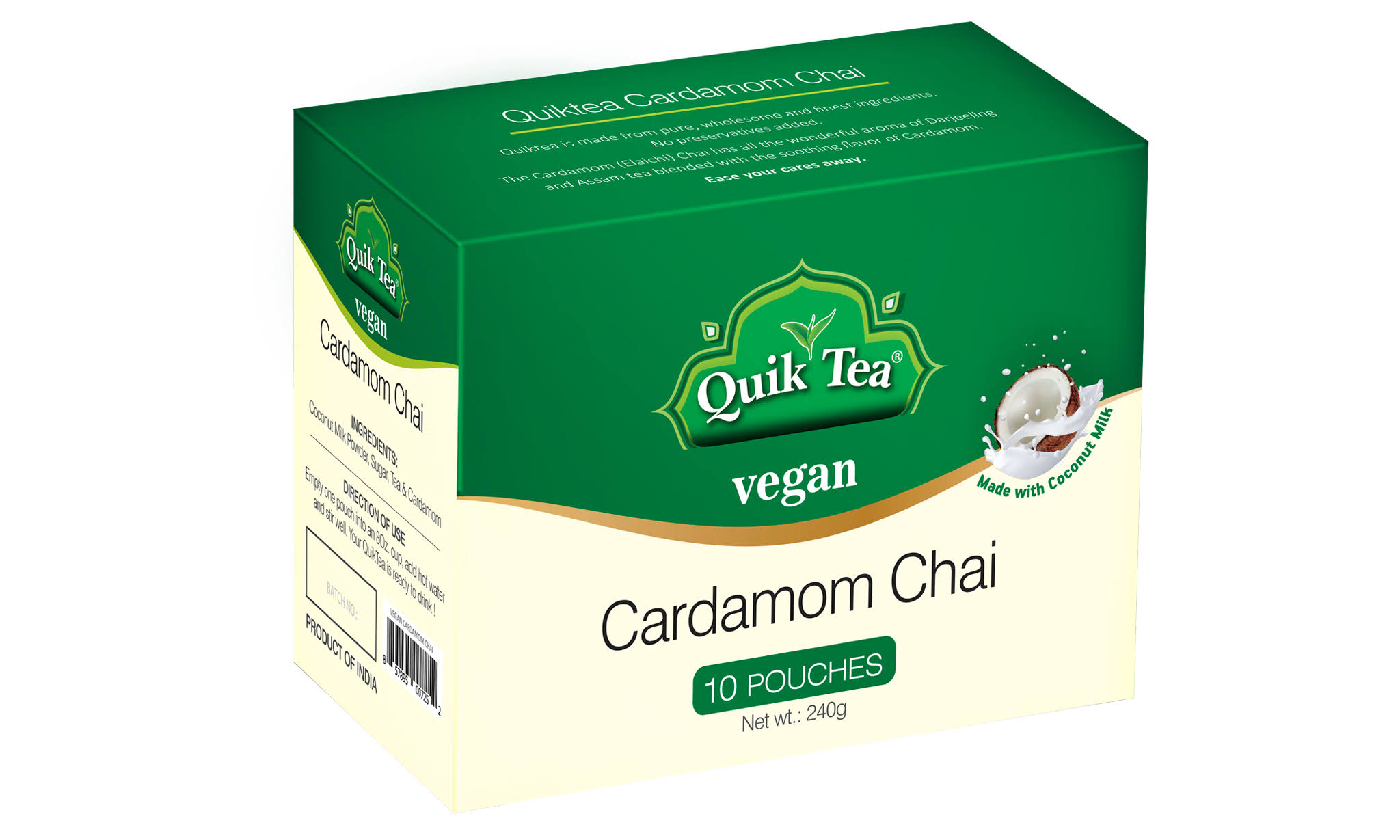 QuikTea Vegan Cardamom Instant Chai Tea Latte - 10 Count Single Box -
