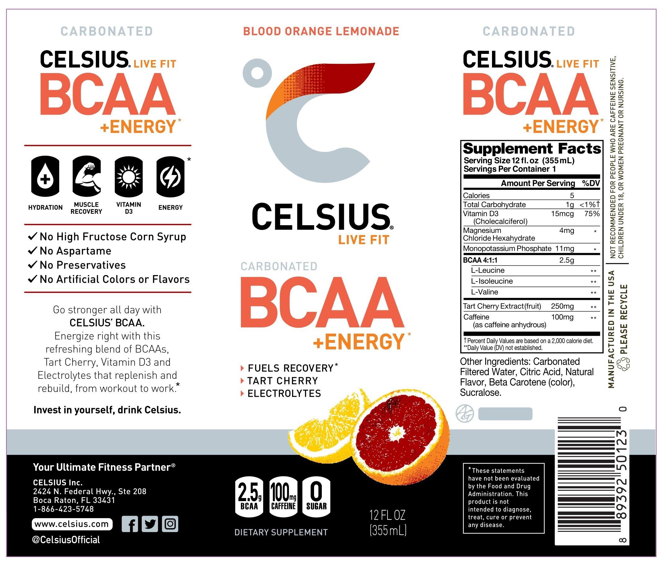 Celsius Energy Drink, Blood Orange Lemonade, Carbonated, BCAA + Energy - 12 fl oz