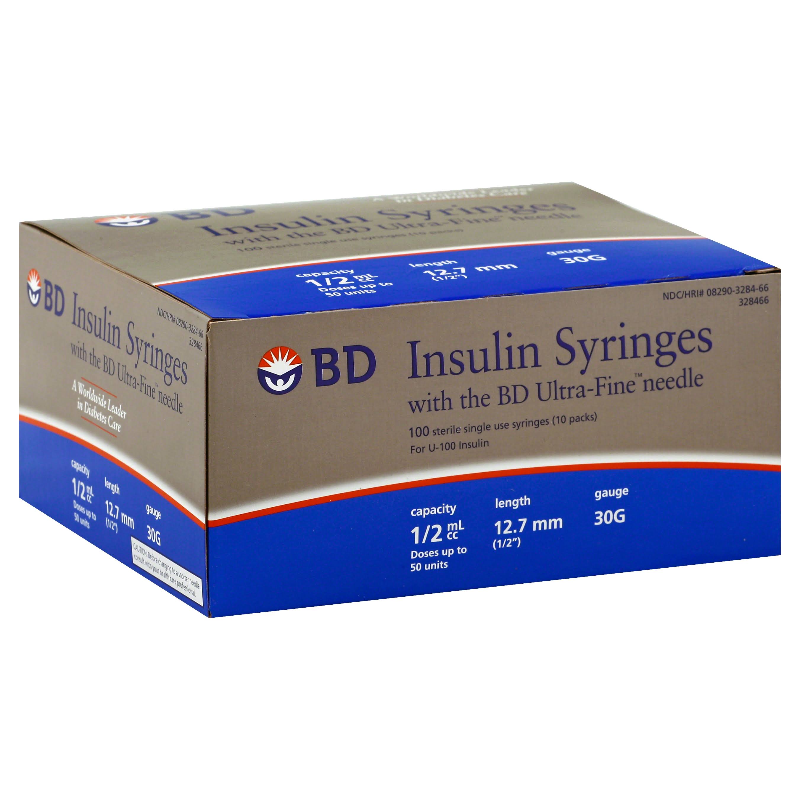 BD Ultra Fine Insulin Syringes - 30ga x 1/2", x100