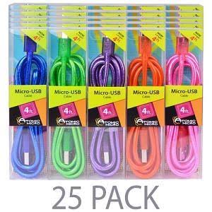 Atomic Micro 1319012AM1 (25-Pack) 4' - USB 2.0 A (M) to USB 2.0 Micro-B (M) Charge & Sync Cable (Assorted Colors)