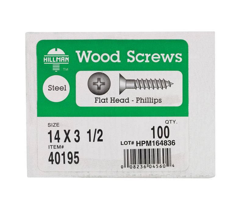 Hillman 40195 Flat Headed Wood Screws - 14"x3-1/2", 100ct