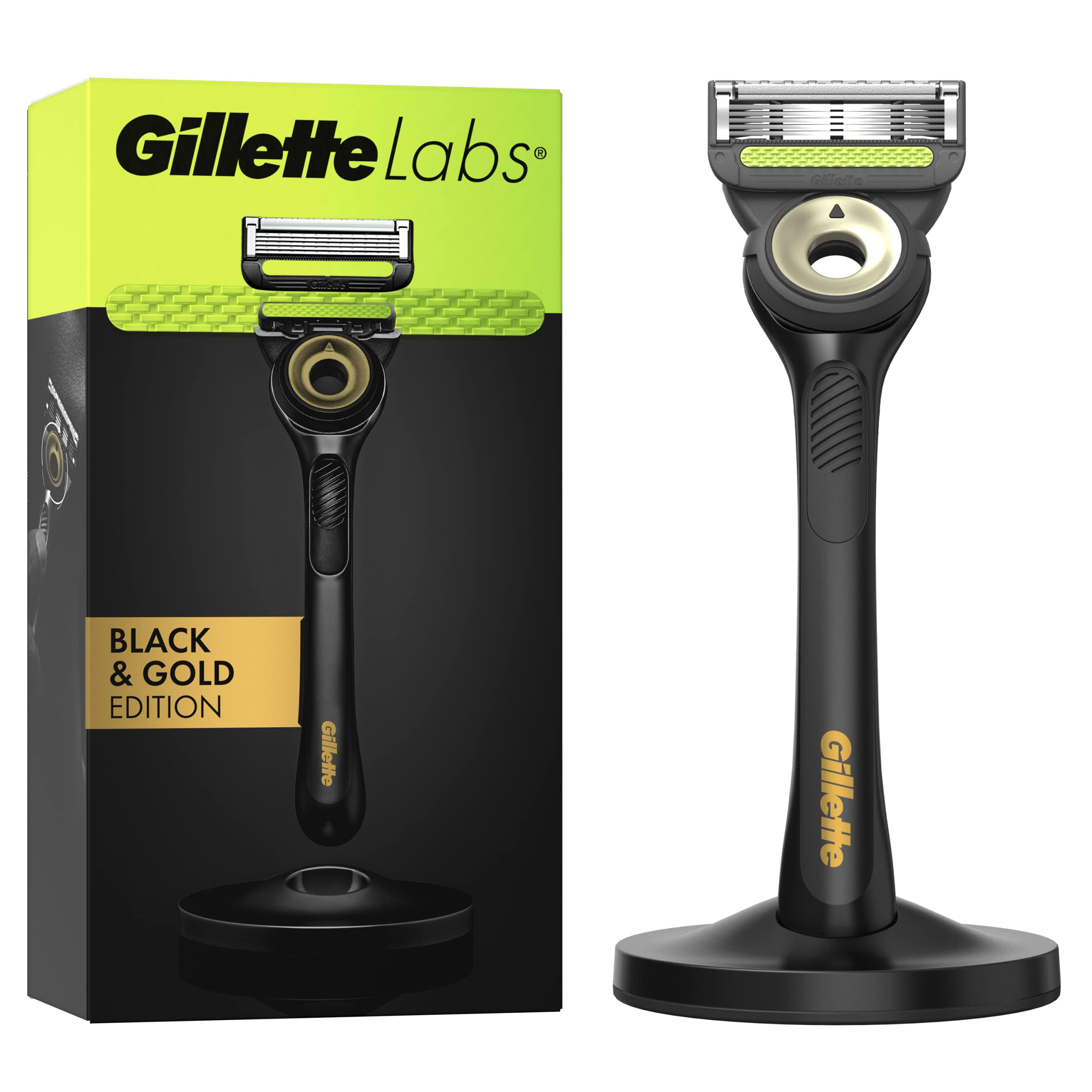 Gillette Labs Men's Razor + 1 Razor Blade Refill, with Exfoliating Bar, Includes Premium Magnetic Stand, Black & Gold Edition