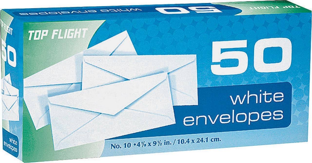 Top Flight Number 10 Boxed Envelopes - White, 4.375in x 9.75in, 50pcs