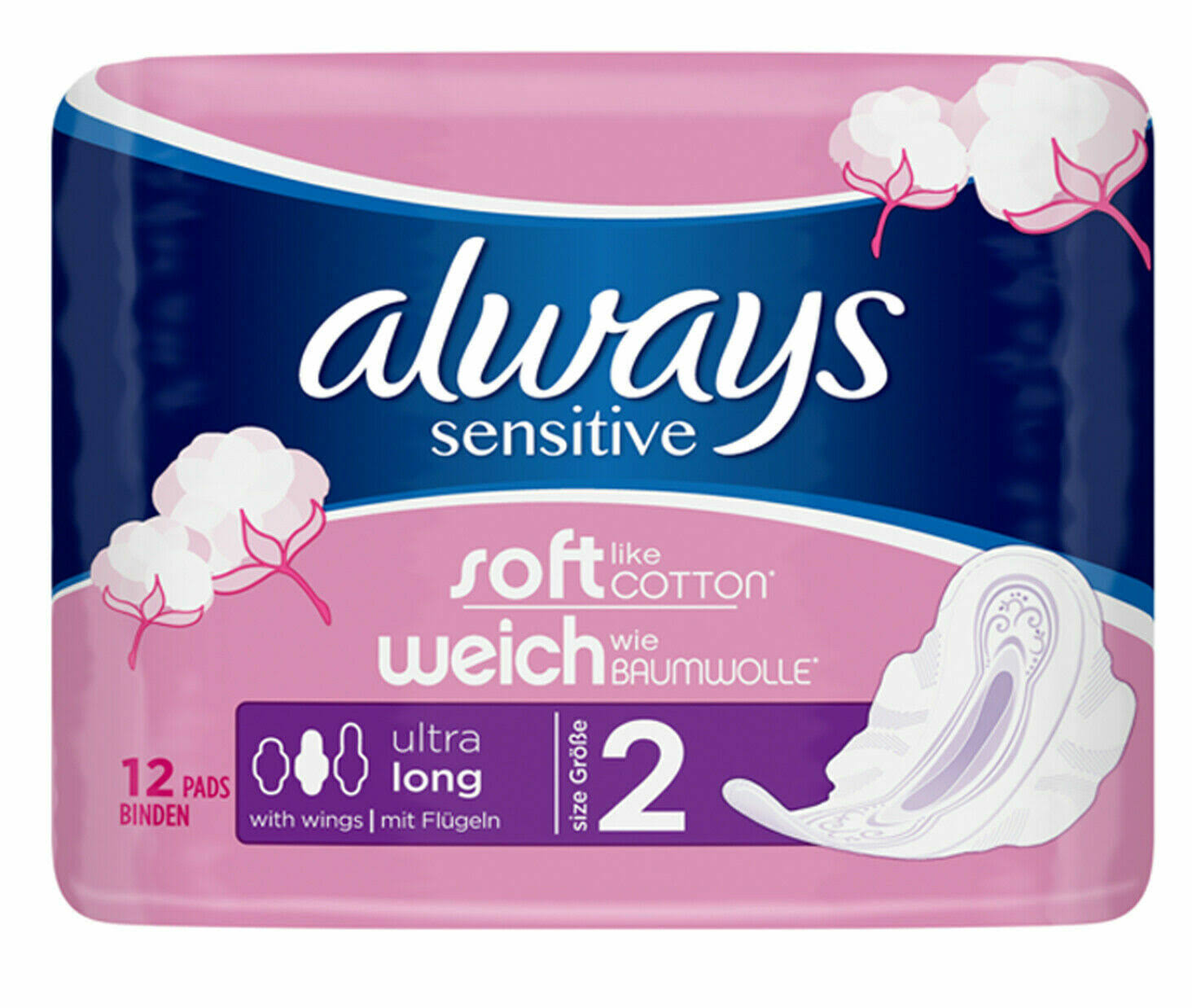 Always Sensitive Long Ultra Sanitary Pads - with Wings, Size 2, 12pk