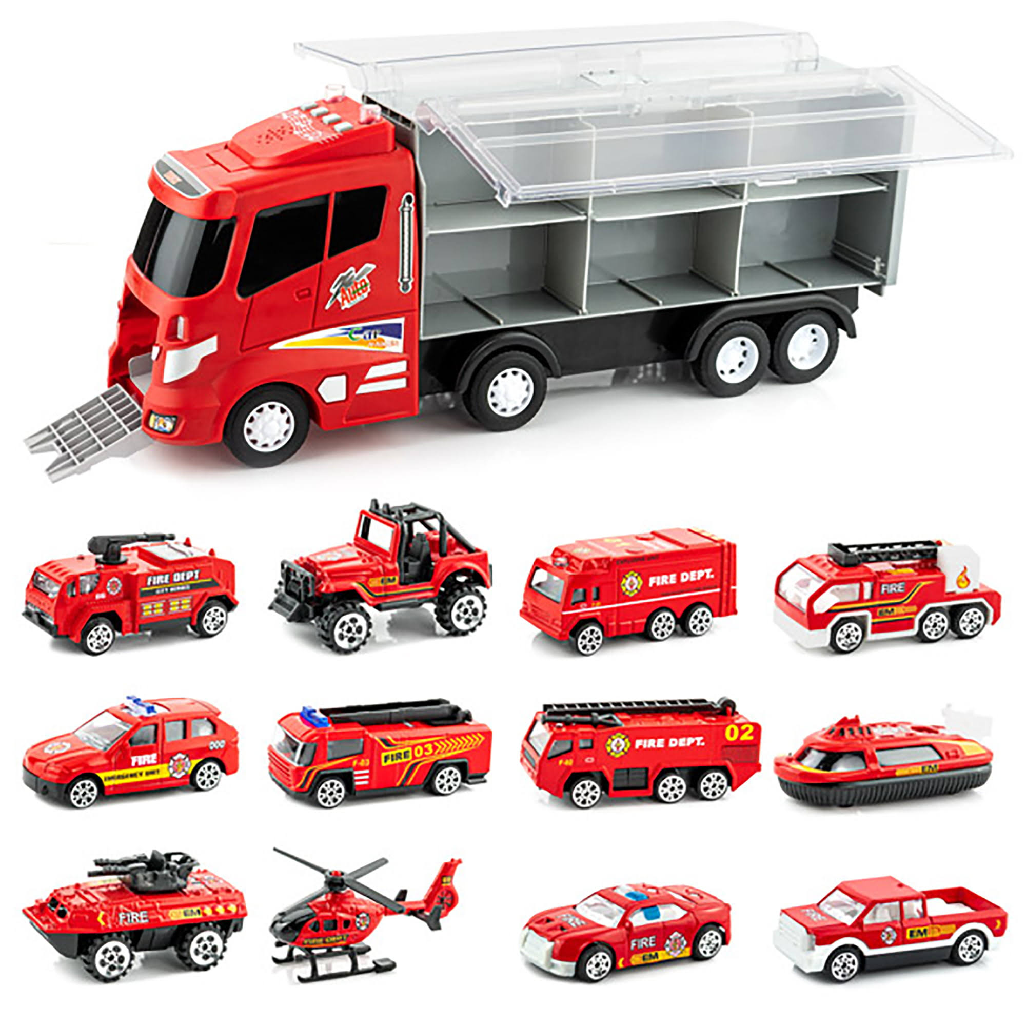 FUN LITTLE TOYS 12 in 1 Die-cast Fire Truck Toys, 16" Transport Fire T