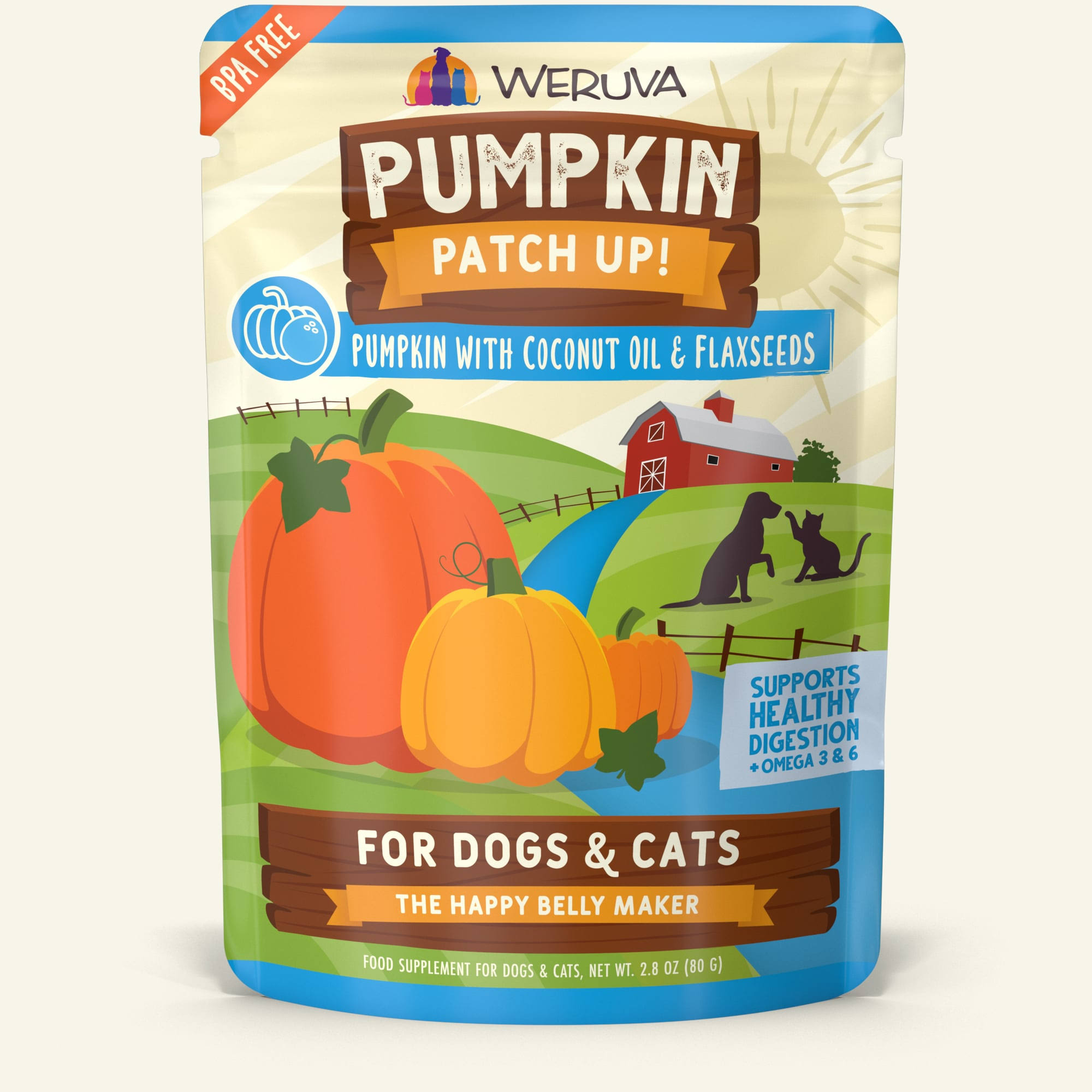 Weruva Pumpkin Patch Up! Pumpkin with Coconut Oil & Flaxseeds Dog & Cat Wet Food Supplement, 2.8-oz Pouch, Case of 12