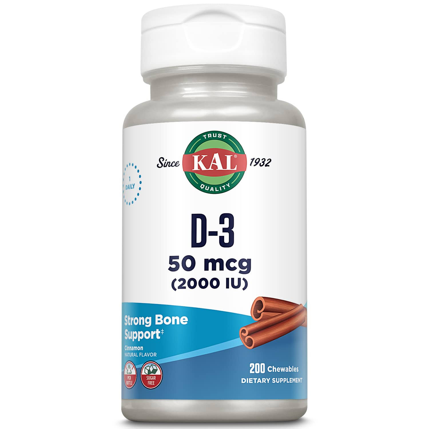 Kal D3 2000 Iu Sugarless Chewable Dietary Supplement - Cinnamon, 200ct