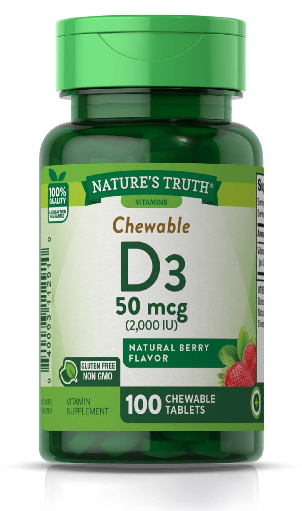 Nature's Truth Chewable Vitamin D3 2,000 IU | 100 Tablets | Berry Flavor | Vegetarian, Non-GMO, Gluten Free