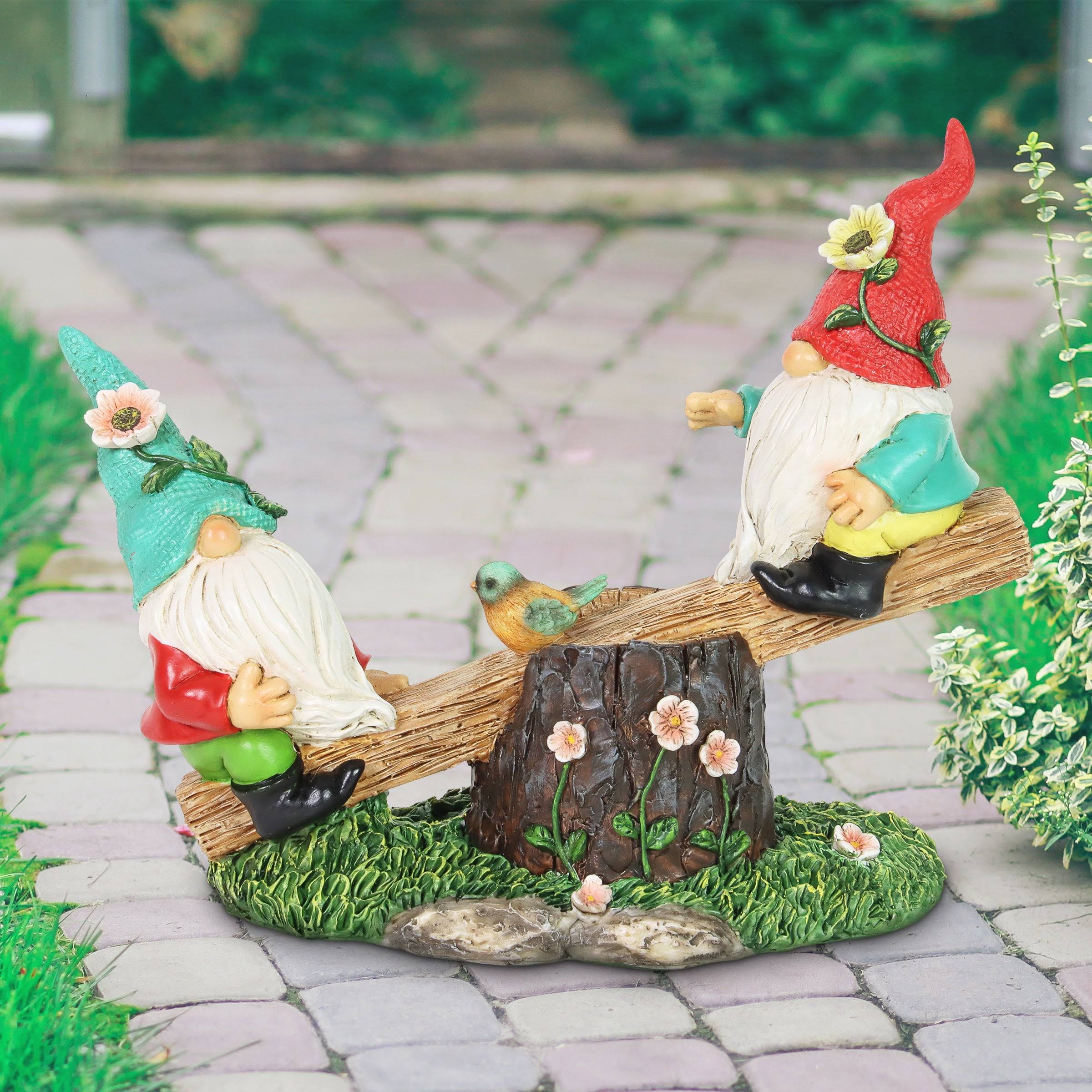 Exhart Two Can't See Hat Seesaw Gnomes Garden Statuary, 10.5 by 9 Inches - Multi - Resin