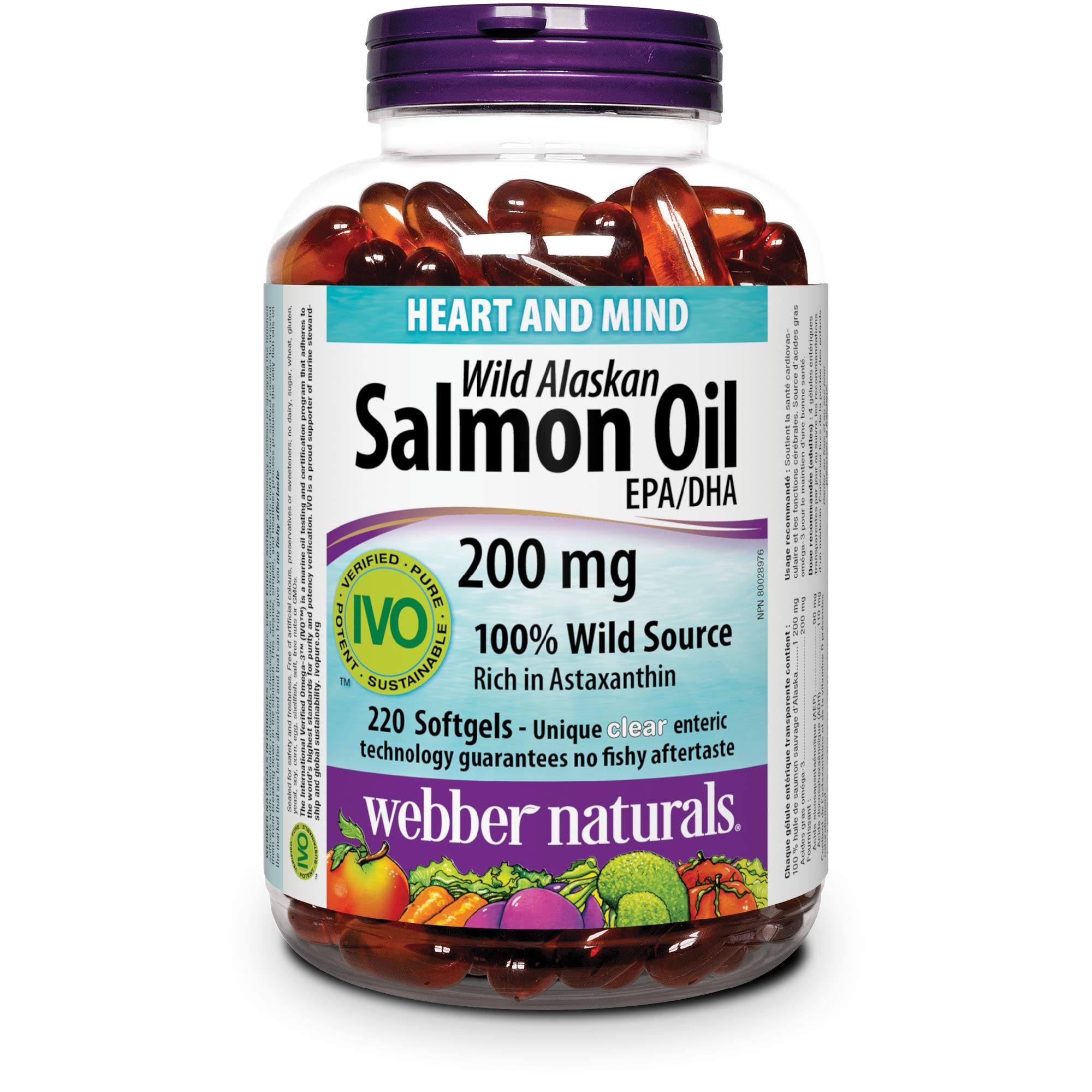 Webber Naturals Wild Alaskan Salmon Oil EPA DHA Clear Enteric Softgels Supplements - 200mg, 220pk