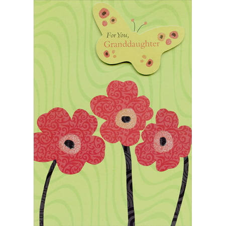 Designer Greetings 3 Red Flowers and Tip on Die Cut Green Butterfly Birthday Card for Granddaughter, Size: 5.25 x 7.5