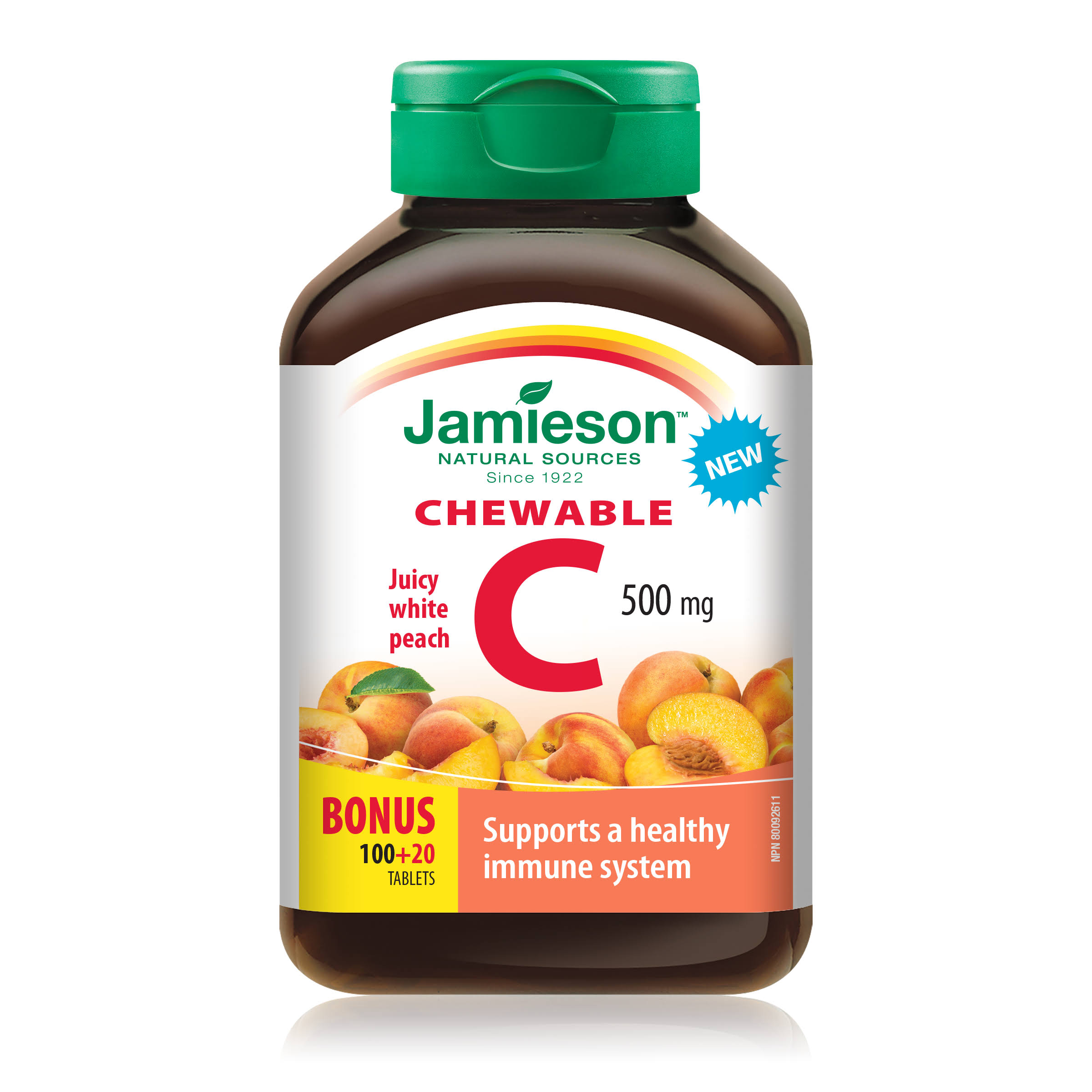 Jamieson Vitamin C Chewable 500 mg - Juicy White Peach, 120 Tabs Bonus {Imported