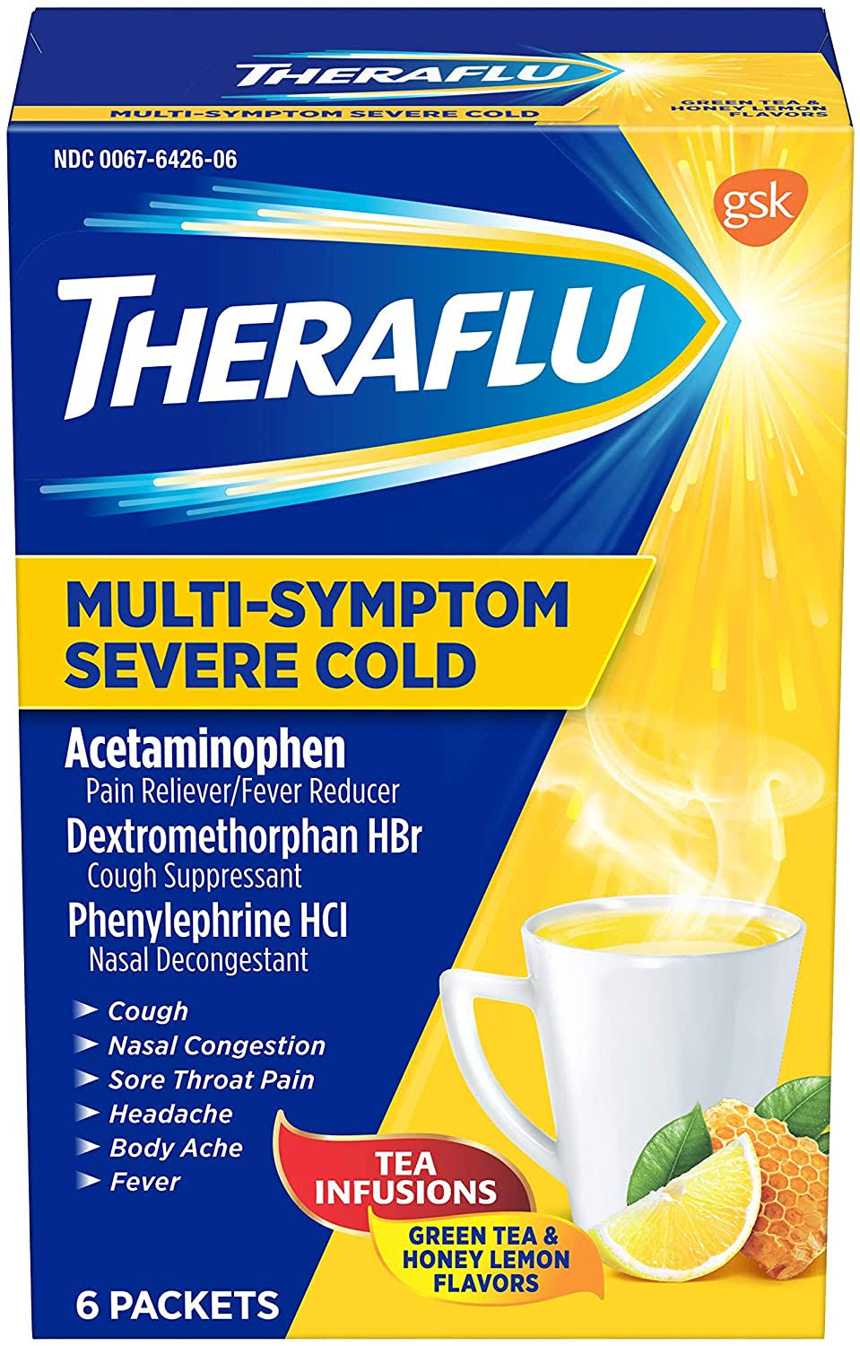 Lipton Theraflu Multi Symptom Severe Cold Packets - Green Tea and Honey Lemon Flavors, 6pk