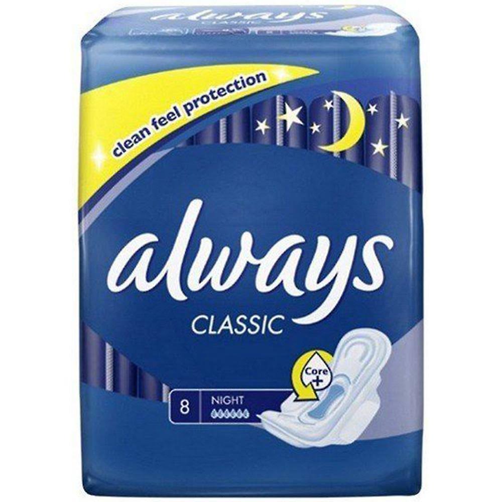 Always Classic Night Sanitary Pads - with Wings, 8ct