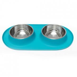 Messy Mutts Stainless Steel Double Dog Feeder with Non-Slip Silicone Base - Blue