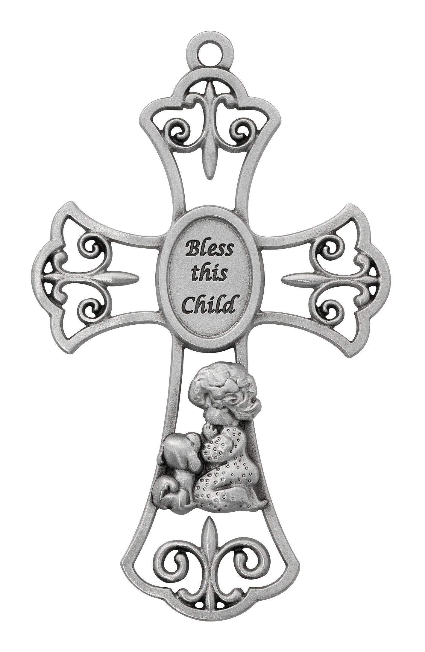 McVan 6" Pewter Bless This Child Girl with Puppy Baby Wall Cross