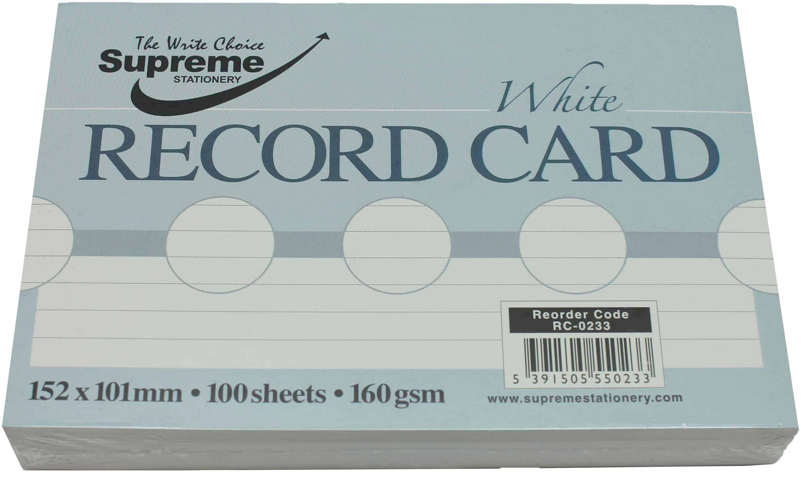 Supreme Ruled Record Cards - White, 100 Pack