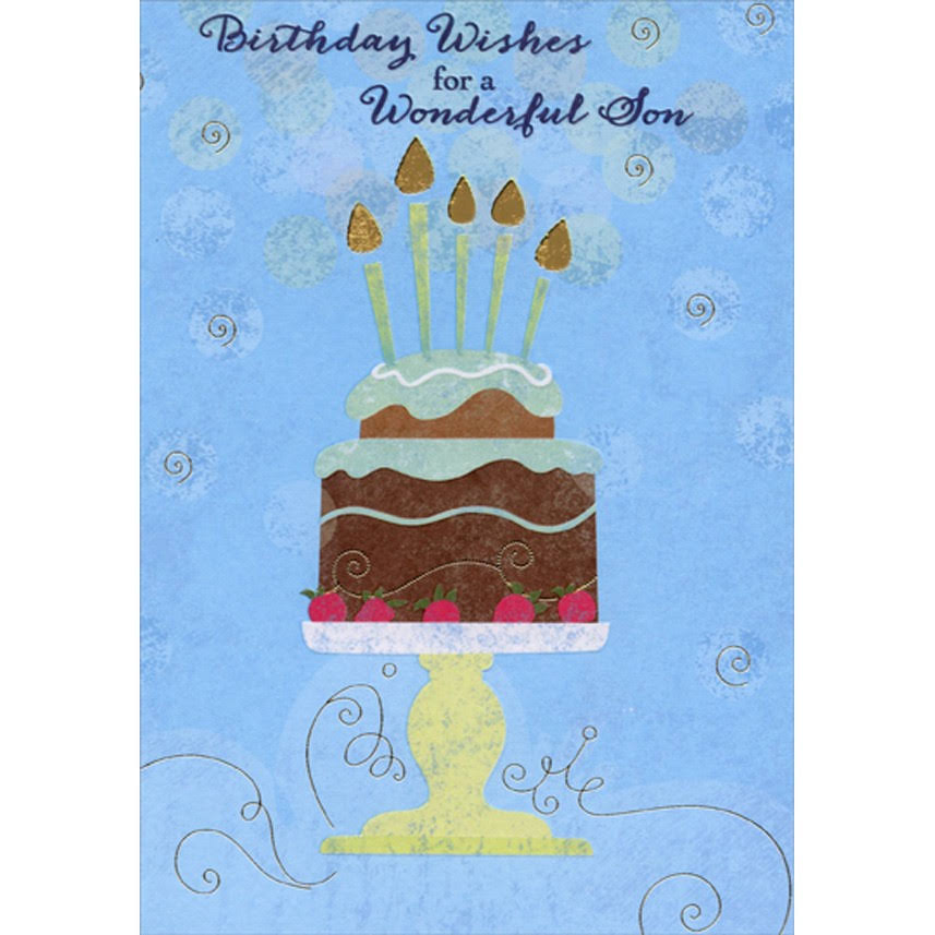 Chocolate Cake on Yellow Based Dessert Stand Birthday Card for Son