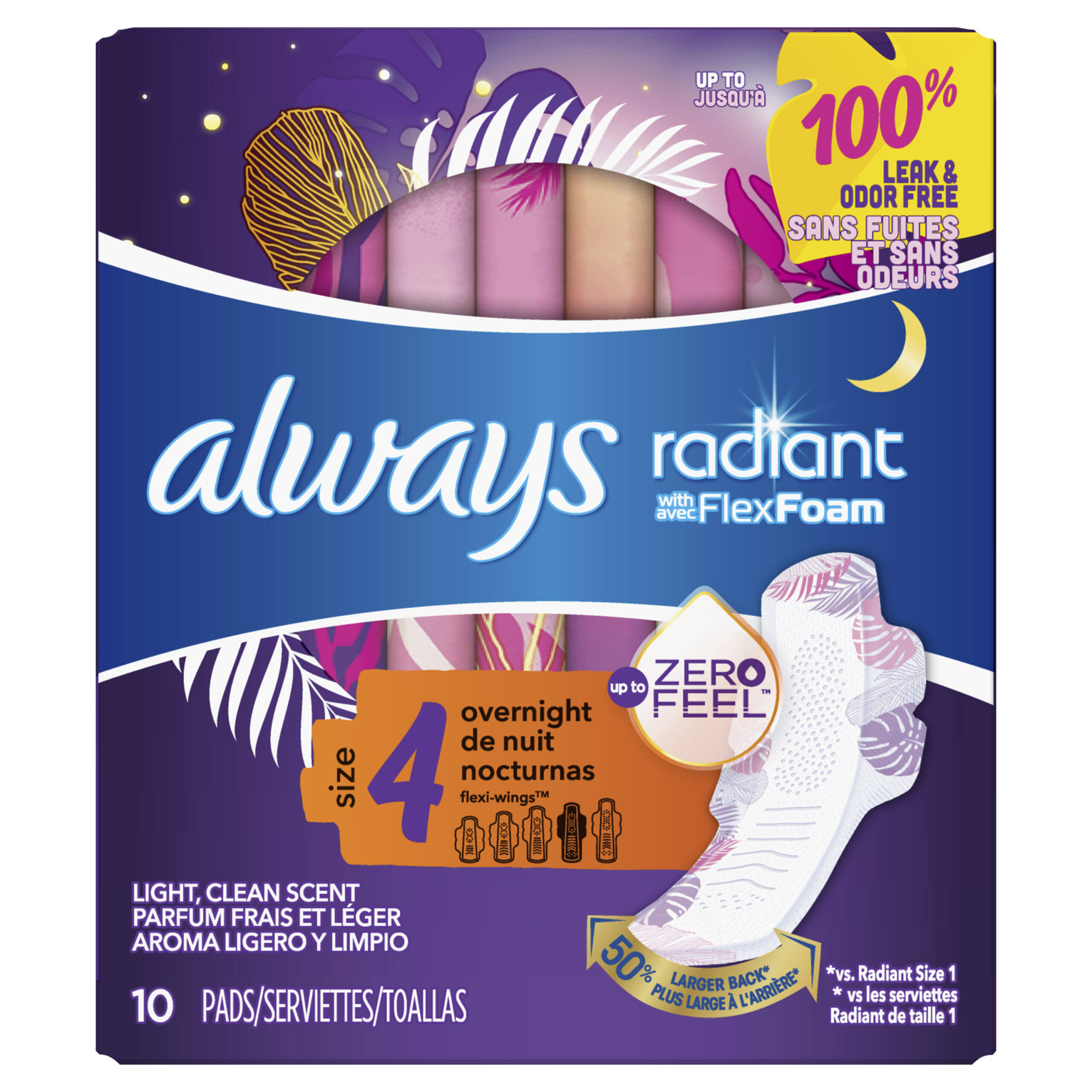 Always Radiant Overnight Pads, Size 4 - 10 ct