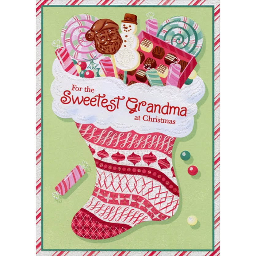 Designer Greetings Pink and Red Stocking Filled with Candy Juvenile Grandma Christmas Card from Child : Kid, Size: 5.75 x 8