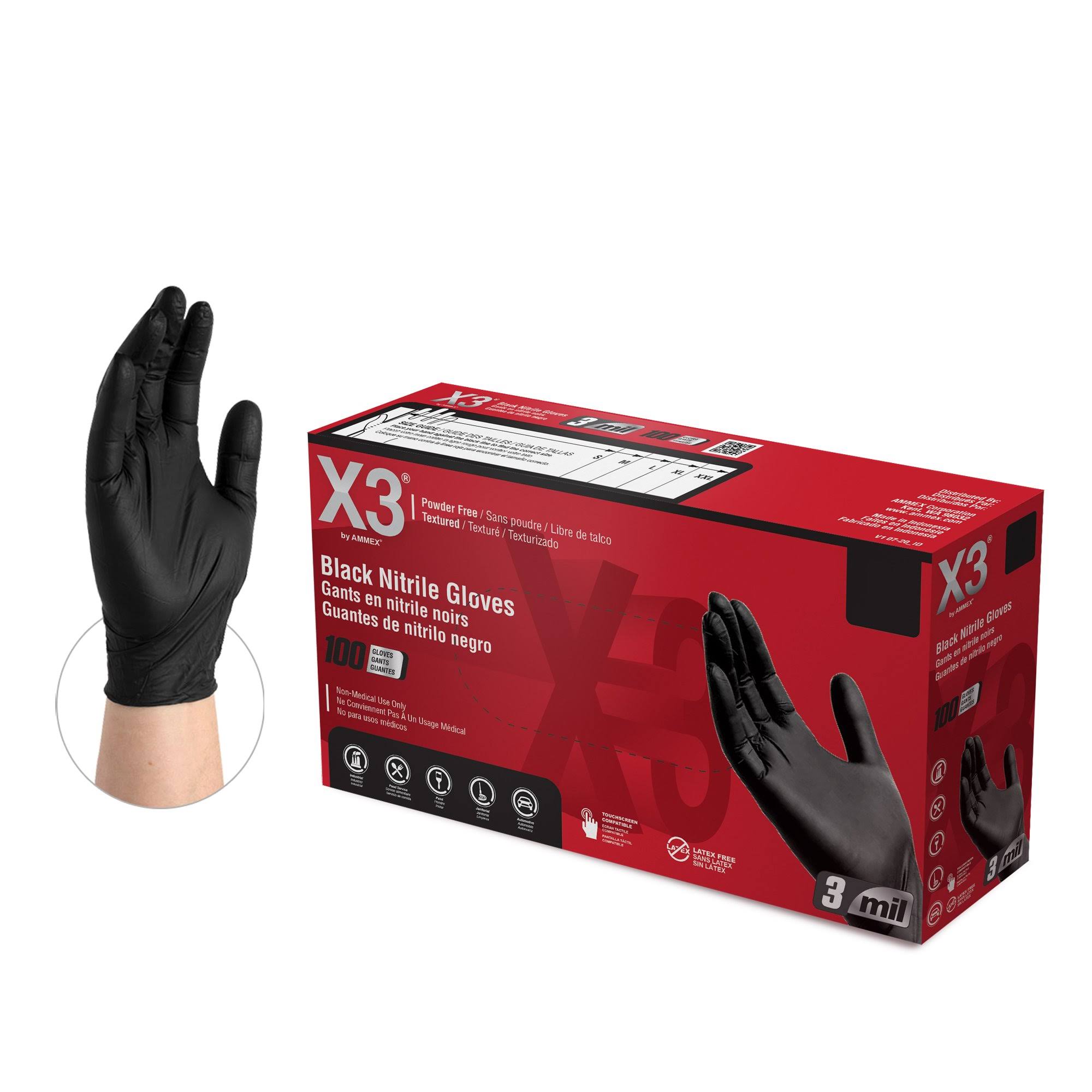 X3 Nitrile Disposable Gloves Large Black Powder Free 100