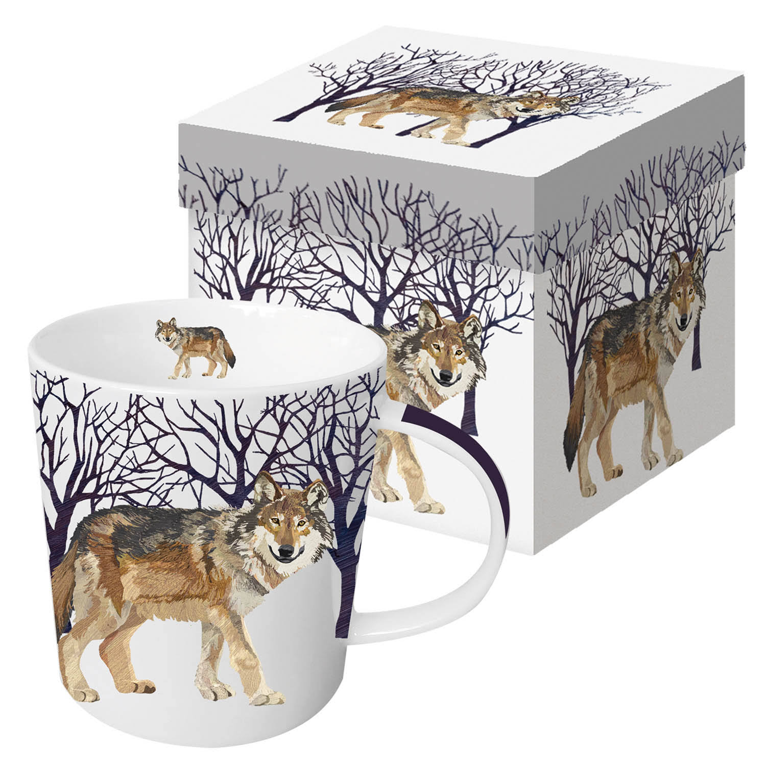 Paperproducts Design 28168 Gift Boxed Porcelain Mug, 13.5 oz, Winter Woods Wolf, Multicolor