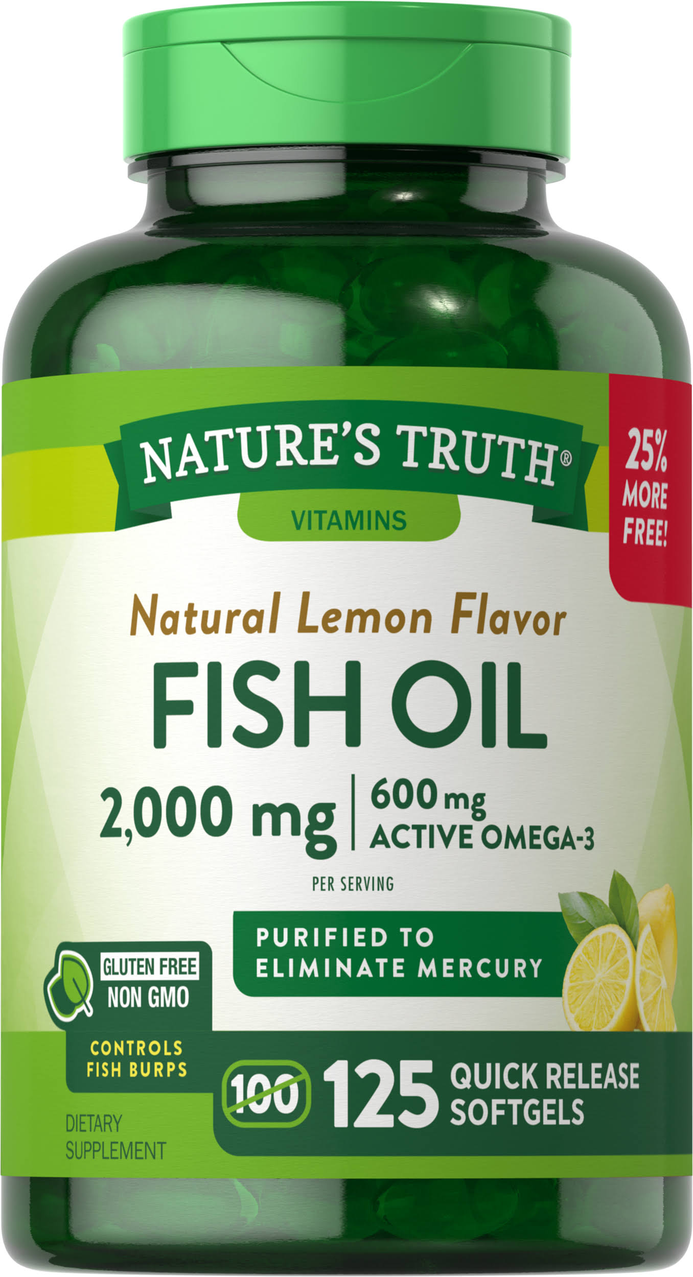 Nature's Truth Fish Oil Omega-3 Supplement - Natural Lemon Flavor, 125 Softgels