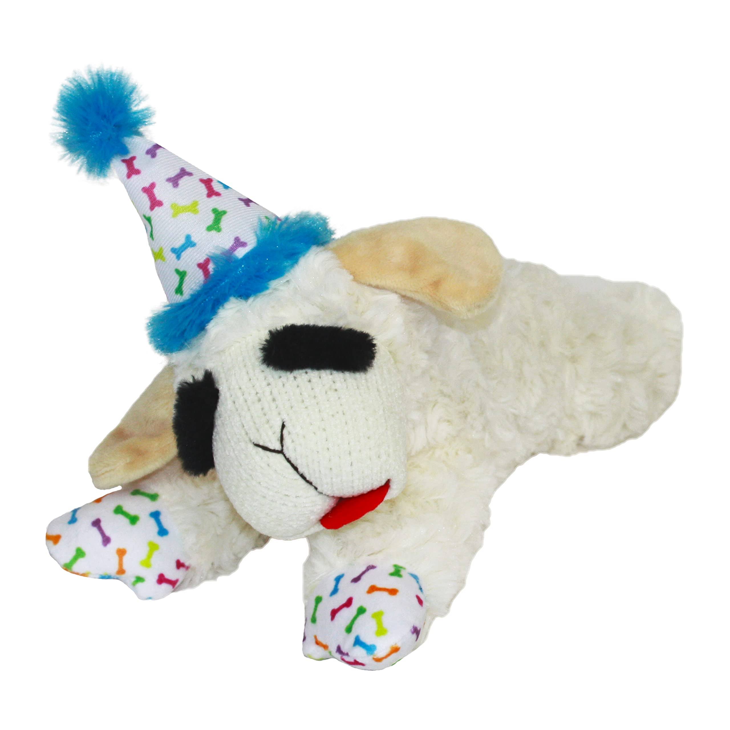 Multipet Lamb Chop Dog Toy with Birthday Hat , Blue, 10.5"