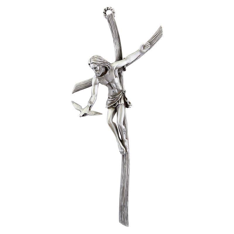 Gift of The Spirit Crucifix Genuine Pewter Wall Cross Jesus with Dove in Hand