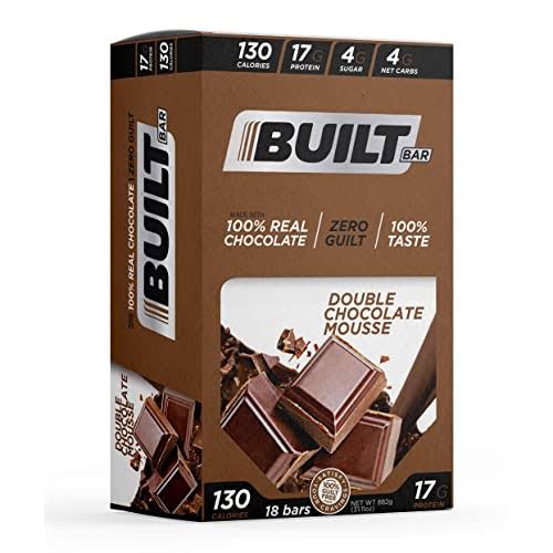 Built Bar 18 Pack Protein and Energy Bars - 100% Real Chocolate - High in Whey Protein and Fiber - Gluten Free, Natural Flavoring