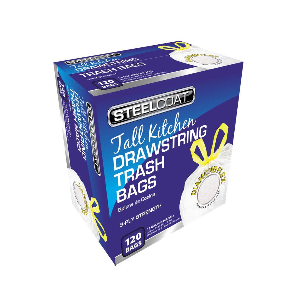 SteelCoat FG-P9921-17N Trash Bag, 25 x 27.4 in, 13 Gal Capacity, White