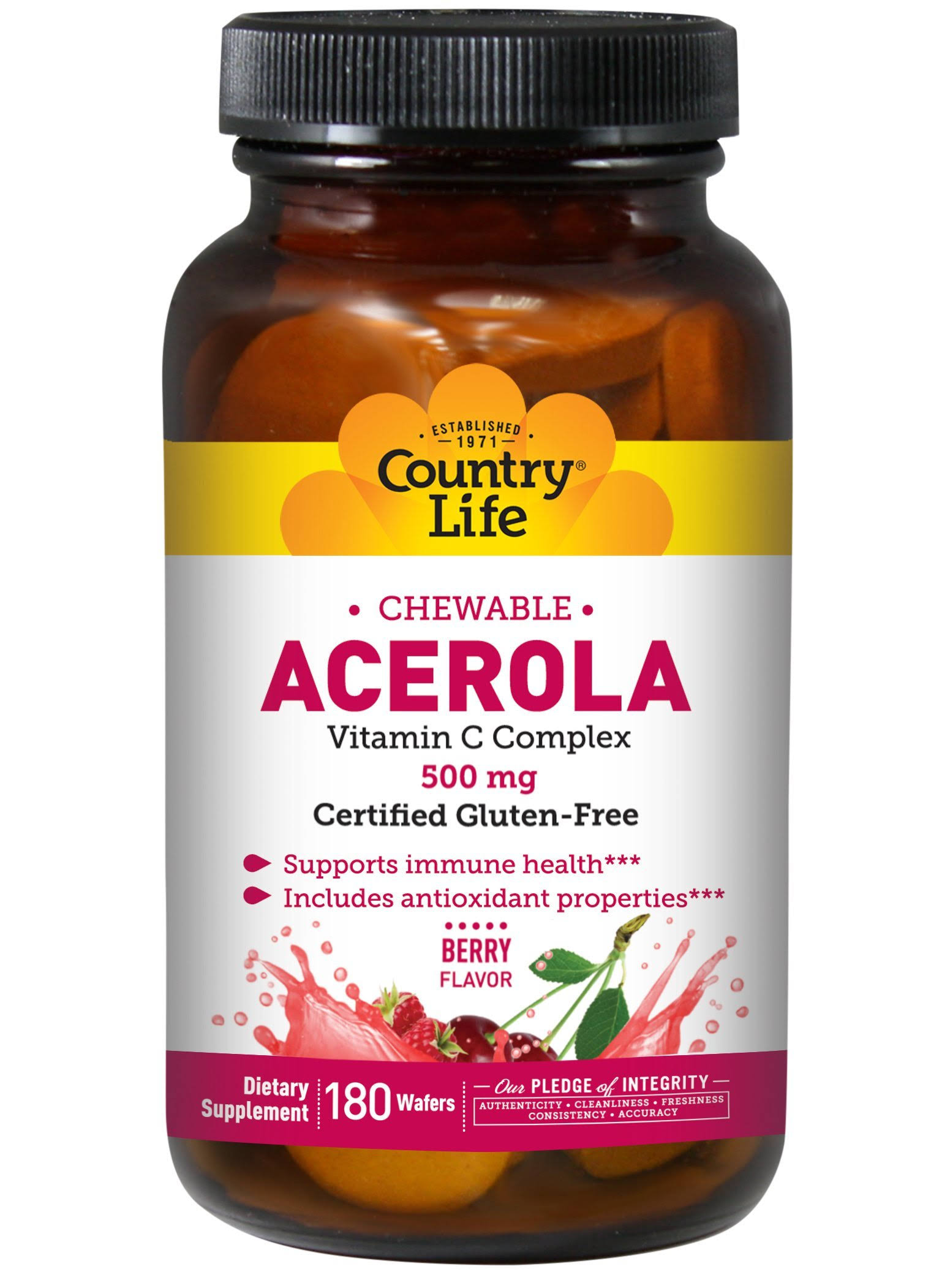 Country Life Acerola Vitamin C Complex Supplement - 500mg, 180 Wafers