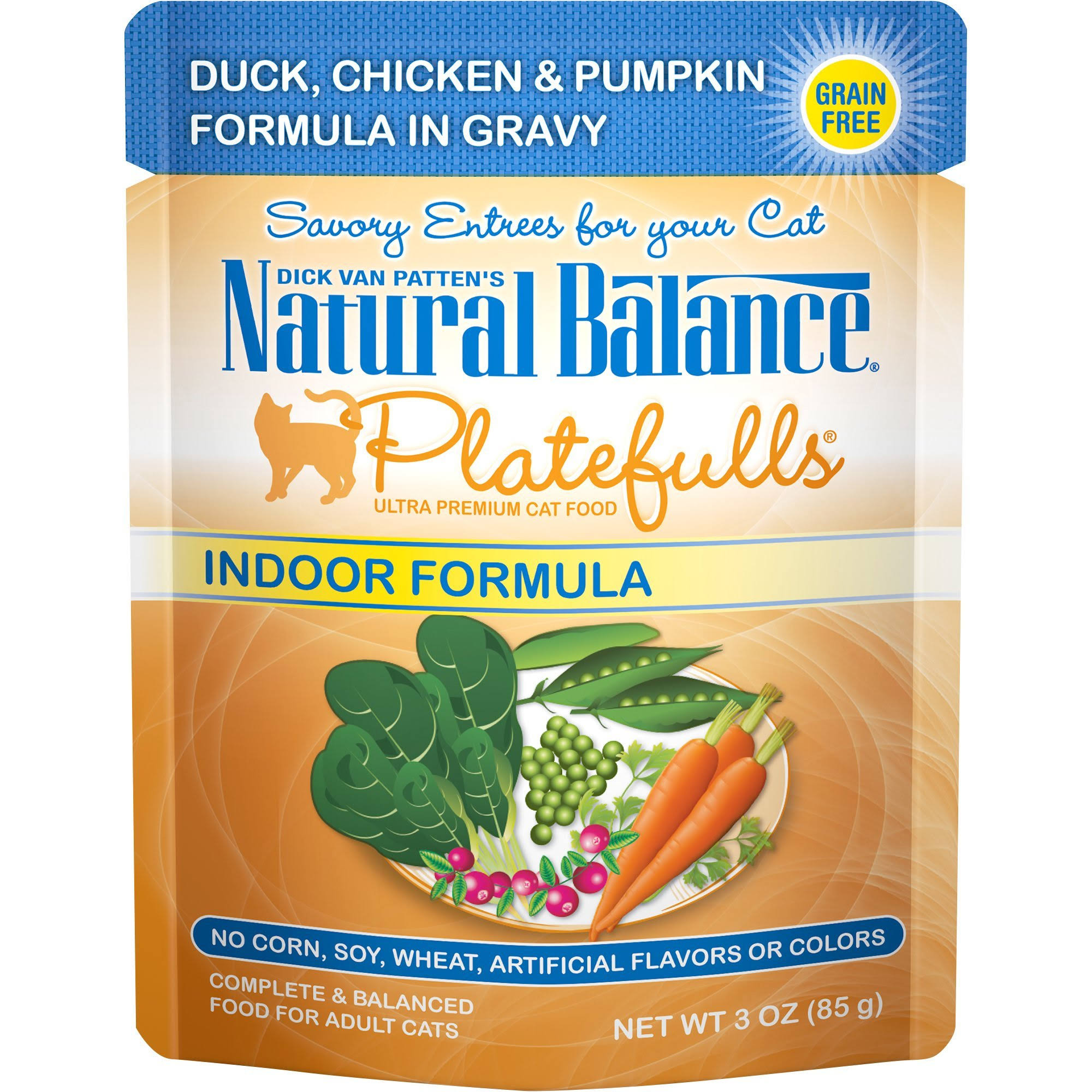 Natural Balance Platefulls Grain Free Indoor Cat Food, Duck, Chicken and Pumpkin Formula in Gravy, 3-Ounce Pouches (Pack of 24)