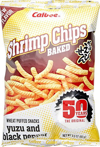 Calbee Shrimp Chips Baked Wheat Puffed Snacks - Yuzu and Black Pepper, 3.3oz