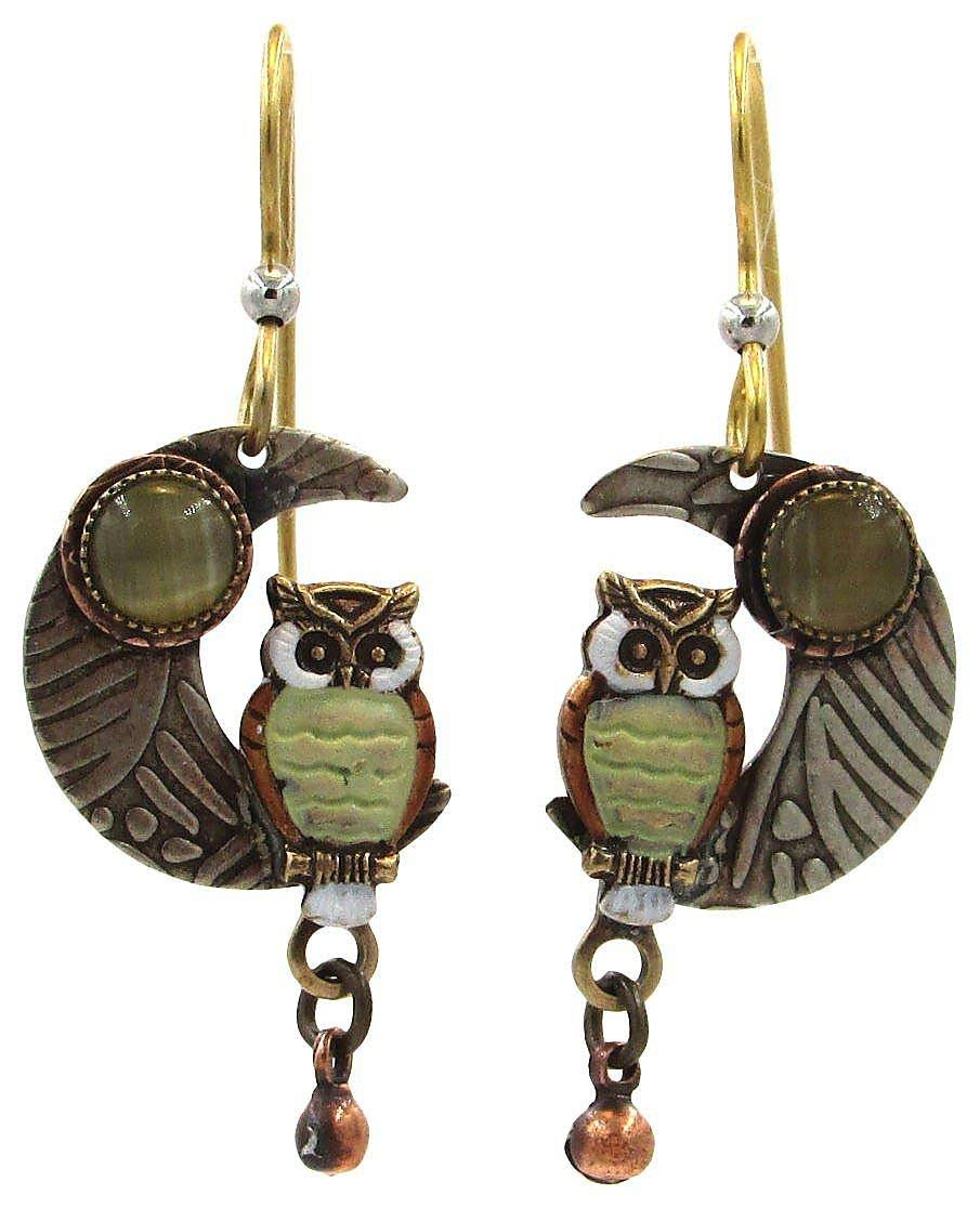 Silver Forest Owl on Crescent Moon Drop Earrings