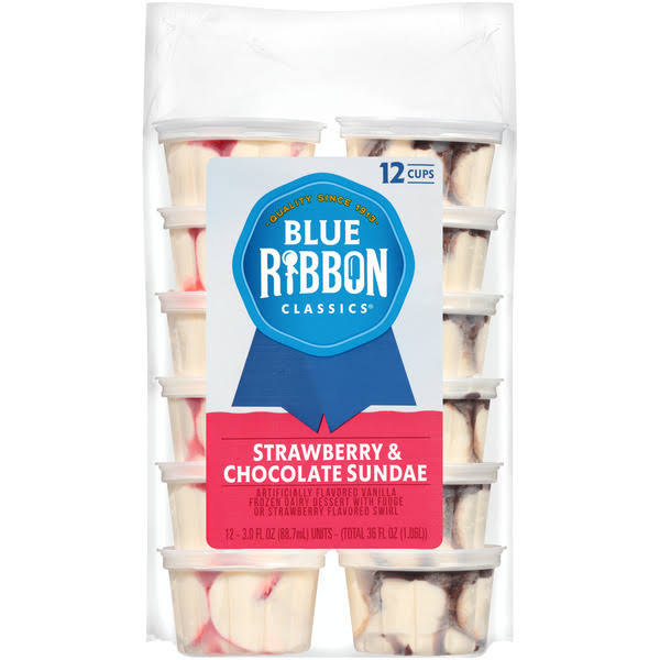 Blue Ribbon Classics Ice Cream, Reduced Fat, Strawberry & Chocolate Sundae, 12 Pack - 12 pack, 3.0 fl oz cups