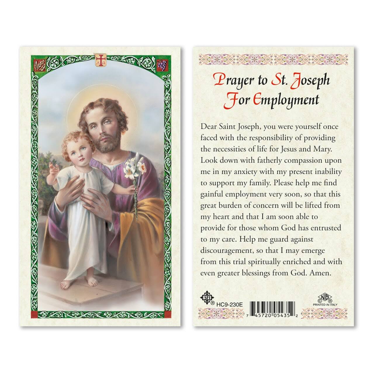 Prayer to Saint Joseph for Employment Laminated Prayer Card-Single from San Francis Imports | Discount Catholic Products