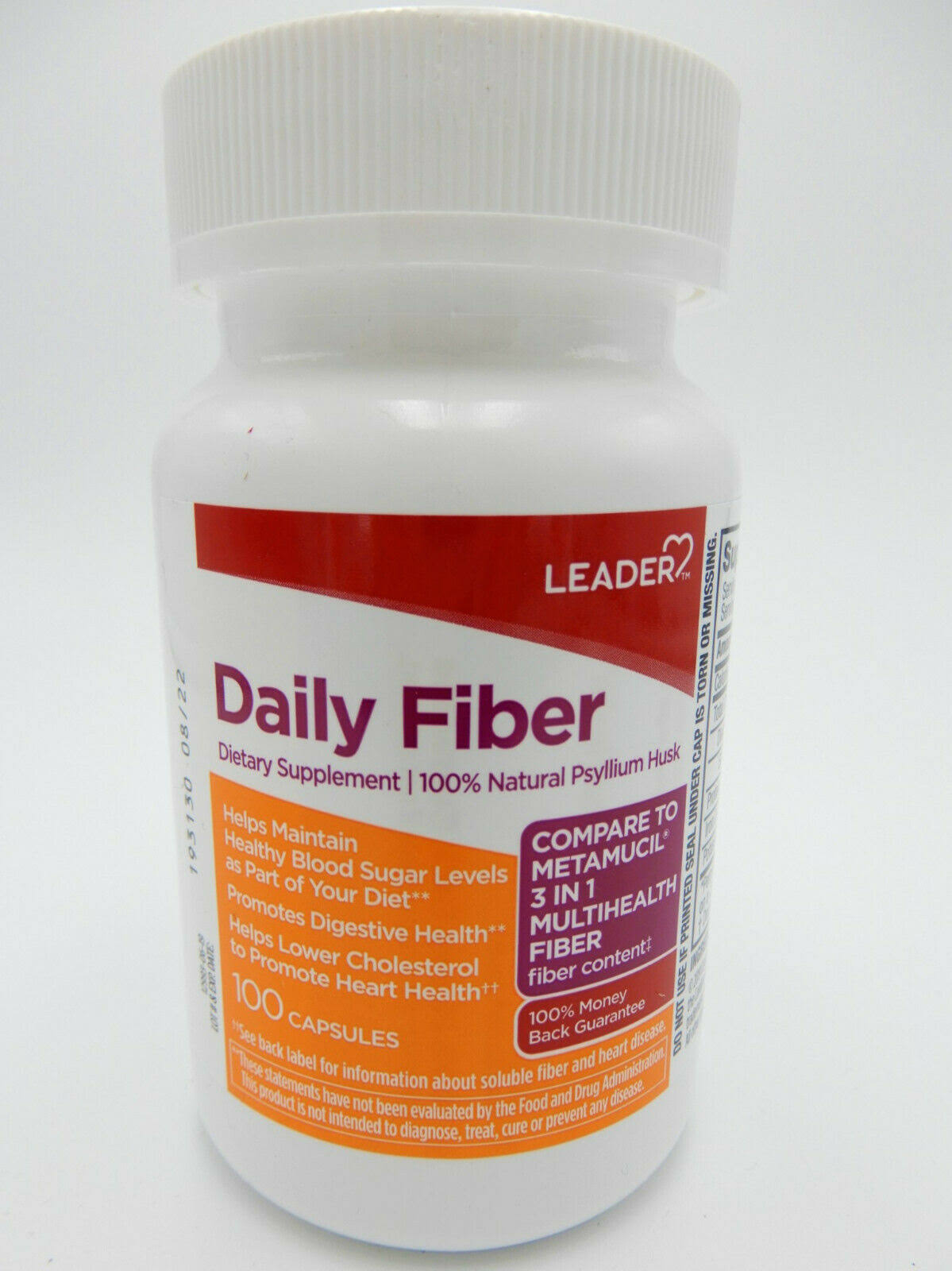 5pk Leader Daily Fiber Dietary Supplement 100 Capsules 096295135329yn