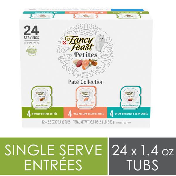 Purina Fancy Feast Gourmet Wet Cat Food Variety Pack, Petites Pate Collection, break-apart tubs, 24 servings - (12) 2.8 oz. Tubs