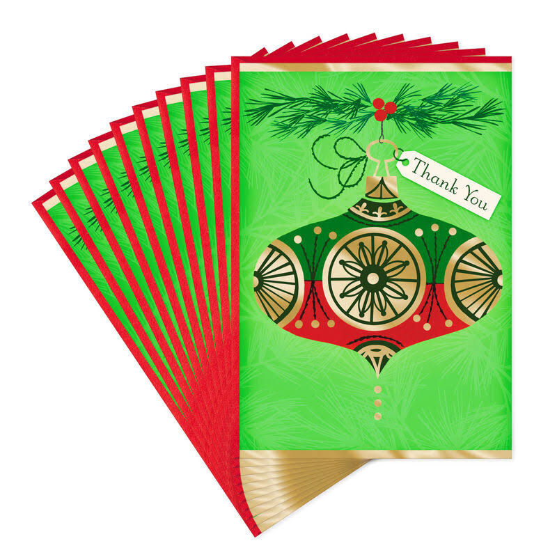Red and Green Ornament Thank-You Christmas Cards, Pack of 10