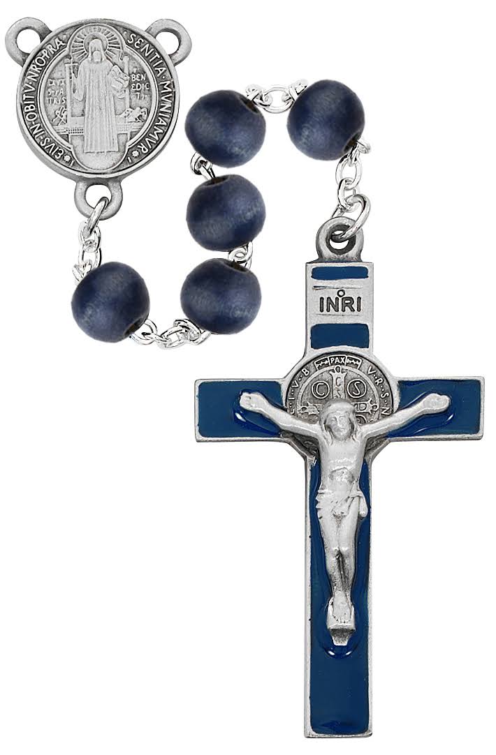 McVan R669DF 8 mm Wood St Benedict Cross Rosary Set - Blue