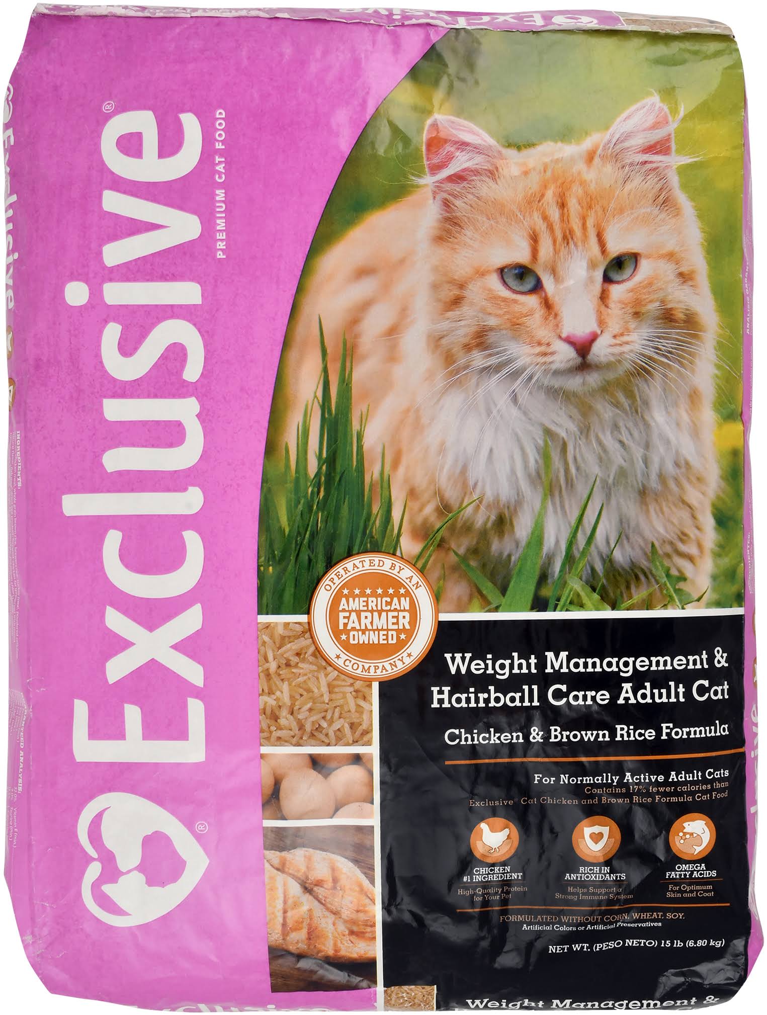 Exclusive Weight Management & Hairball Care Adult Cat, Chicken & Brown Rice Formula, 15-Pound Bag