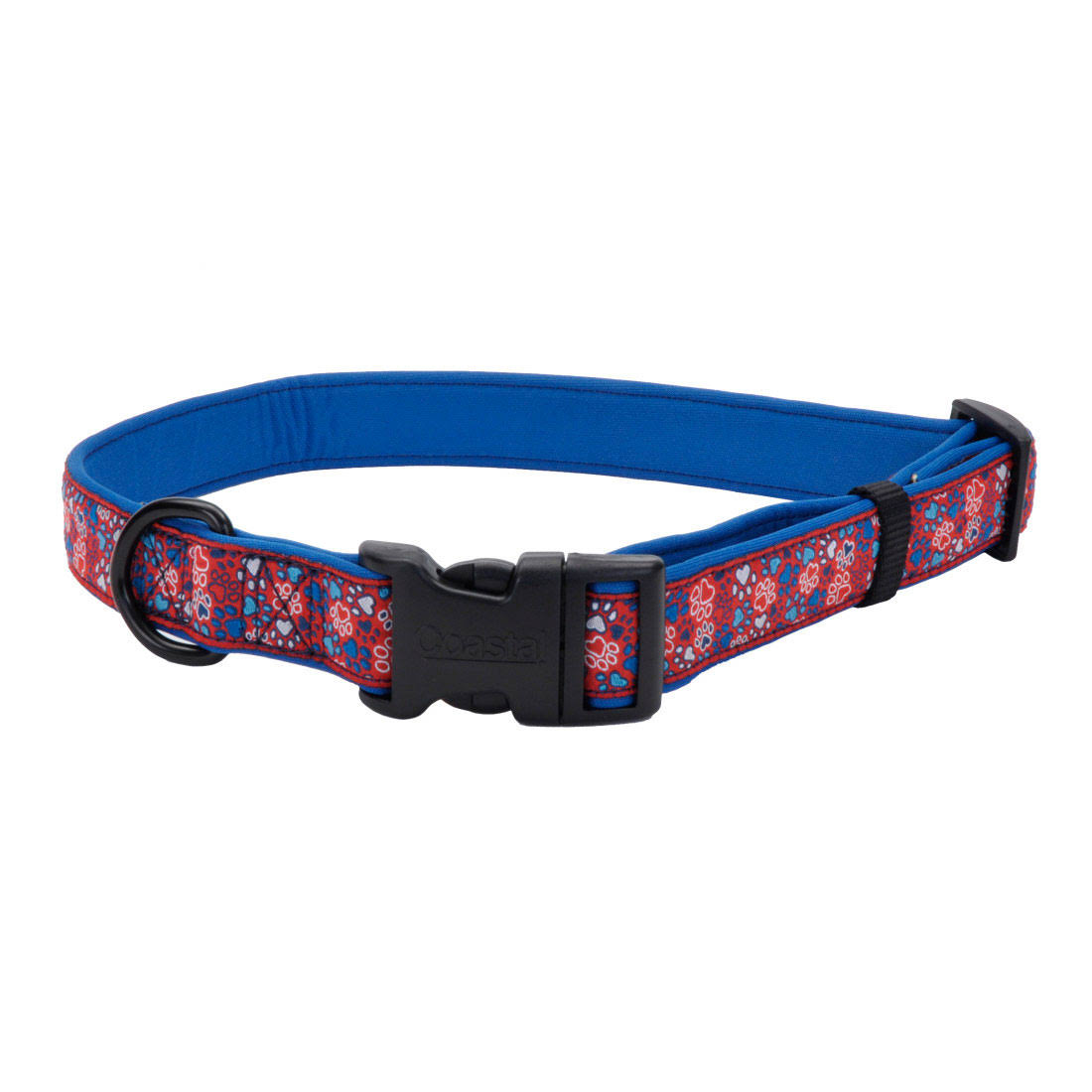 Coastal Pet Ribbon Weave Neoprene Collar - Red and Blue Paws, 5/8" x 8" to 12"