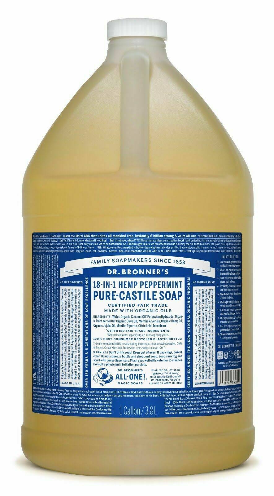Dr Bronner's Pure Castile Liquid Soap Peppermint 1 Gallon
