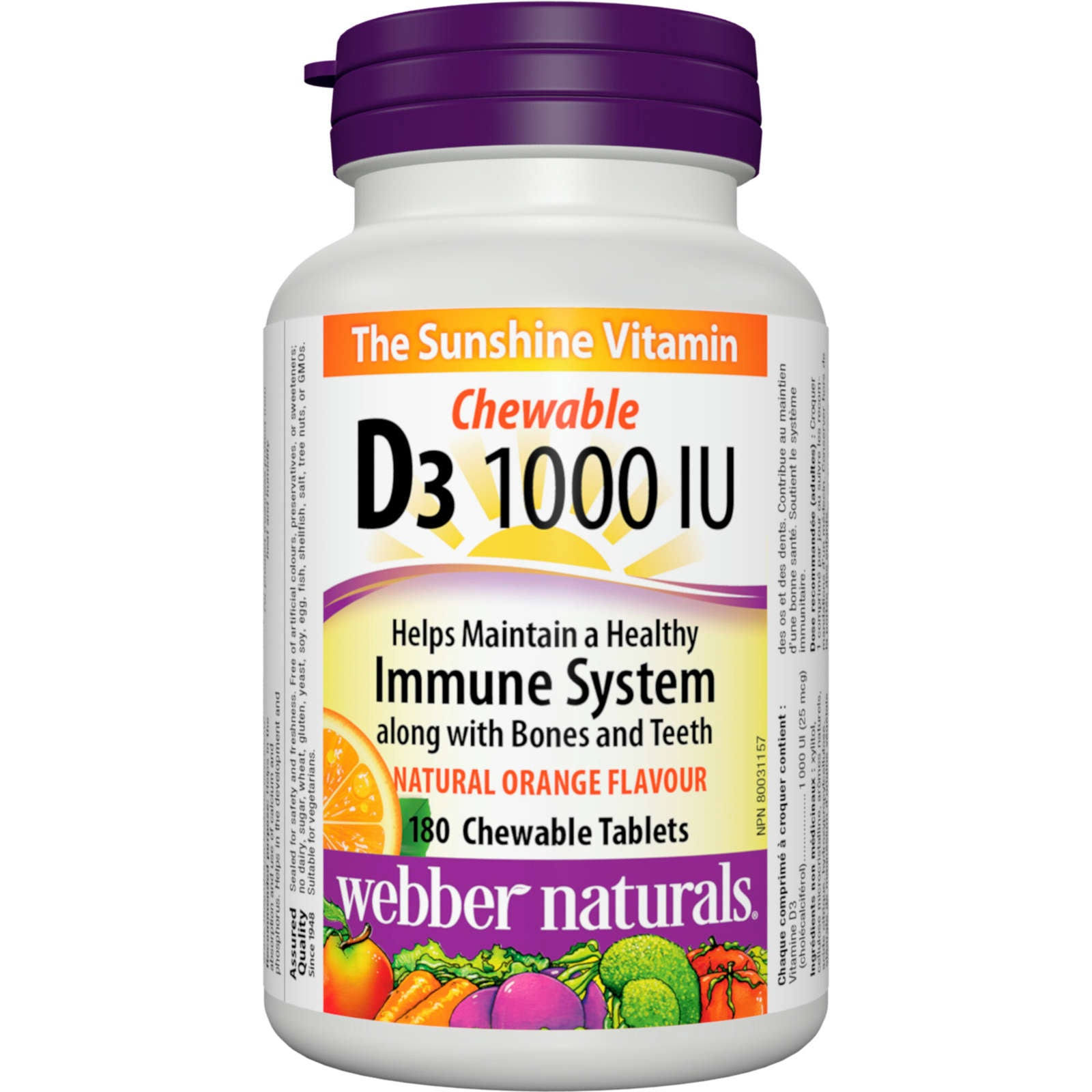 Webber Naturals Vitamin D3, 1000IU Orange Flavour, 180 Chewable Tablet