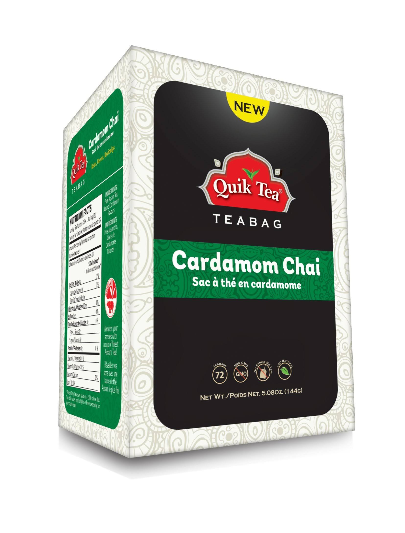 QuikTea Cardamom Chai Tea Bags - 72 Count Single Box - Packaging May Vary - All Natural Preservative Free Tea Bags From Assam