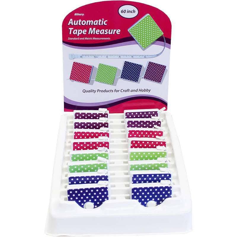 Allary 60" Automatic Tape Measures in Counter Display 16/Pkg-White Dots on Assorted Colors
