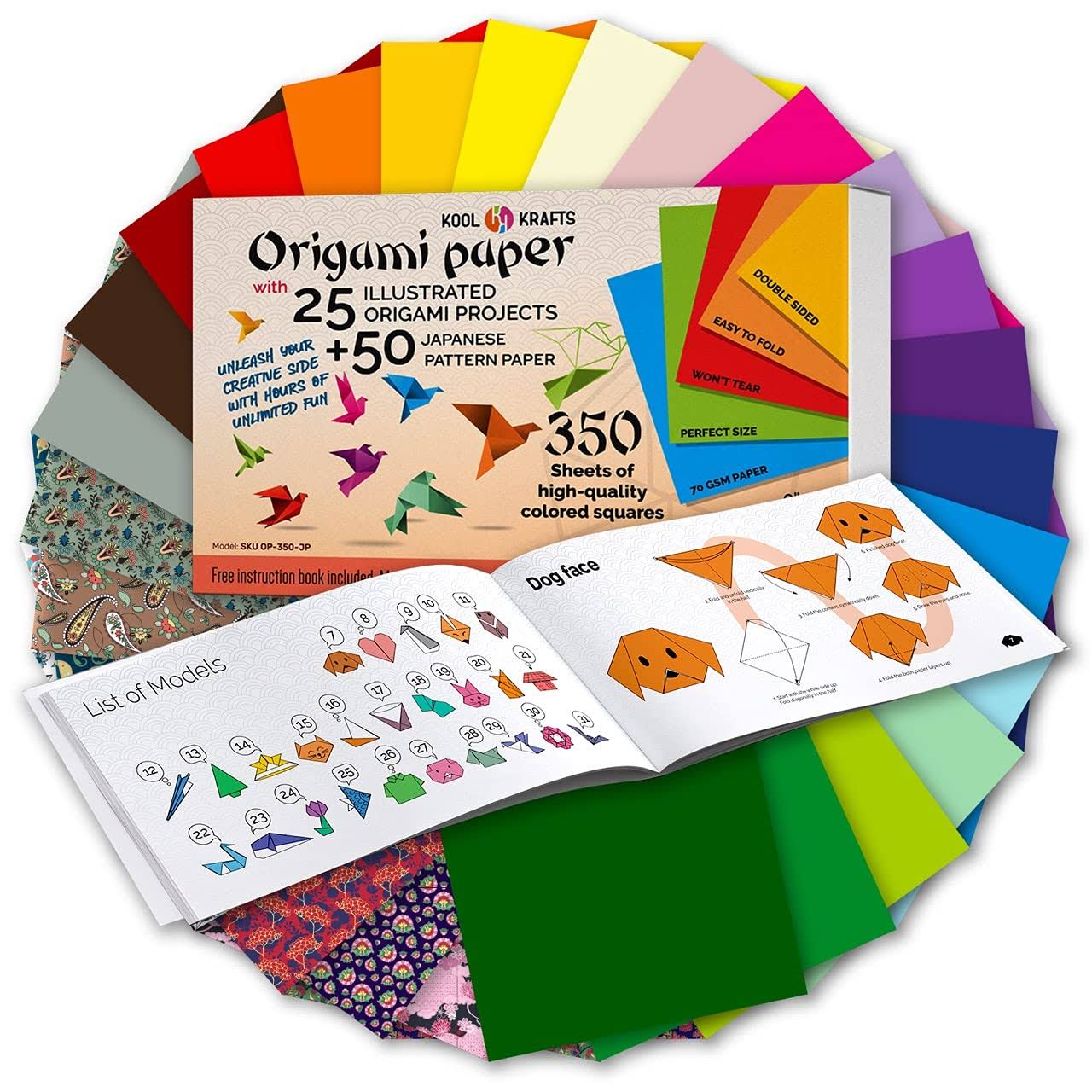 Origami Paper | 350 Origami Paper Kit | Set Includes - 300 Sheets 20 Colors 6x6 | 50 Traditional Japanese Patterns | Origami Book 25 Easy Colored