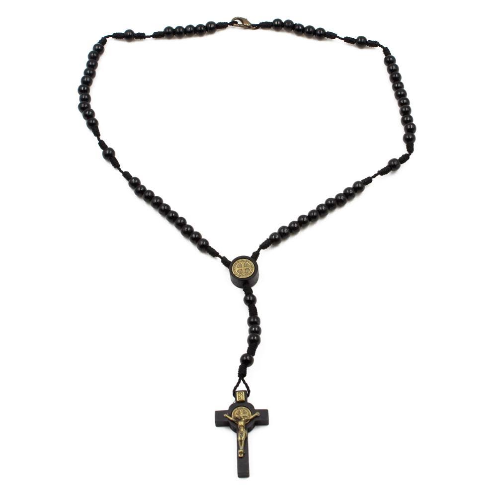 7mm Black Wooden Beads St. Benedict Necklace Rosary